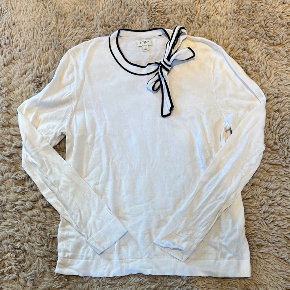 J. Crew Cream Long Sleeve Blouse with Black Bow Accent